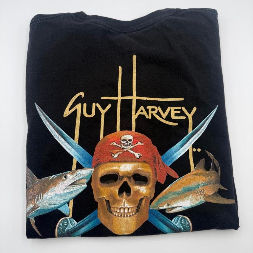 Vintage Guy Harvey Blue Water Sharks Skull Swords Pirate 2008 Size XL